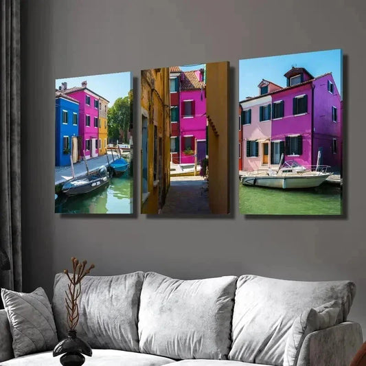 3pcs Colorful Venice Burano Island Canal Scene Wall Art Set Canvas Framed 40x60cm - High Quality Print 100% Australian Made Wall Canvas Ready to Hang