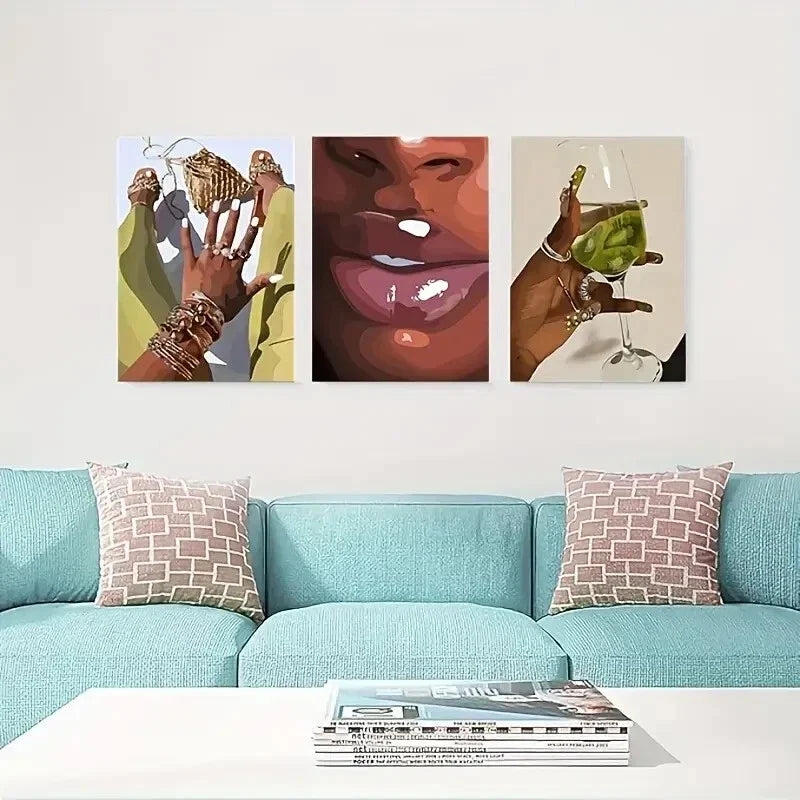 3pcs Fashion Theme African American Woman Metal Print Ready to Hang Art