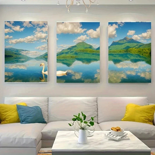 3pcs A White Swan Swimming in a Calm Metal Print Ready to Hang Art