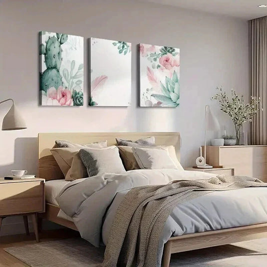 3pcs Watercolor Green Cactus and Pink Flowers Wall Art Set Canvas Framed 40x60cm - High Quality Print 100% Australian Made Wall Canvas Ready to Hang
