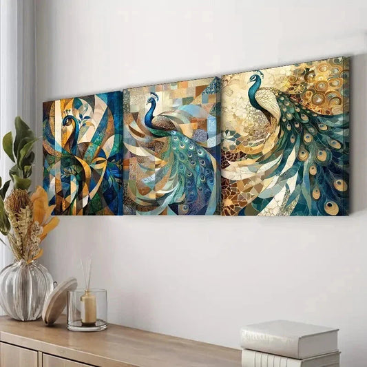 3pcs Featuring a Peacock Displaying Feathers Wall Art Set Canvas Framed 40x60cm - High Quality Print 100% Australian Made Wall Canvas Ready to Hang