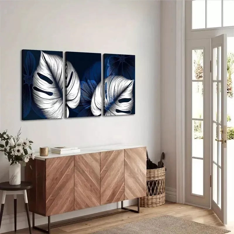 3pcs Modern Abstract Blue & White Leaves Canvas Framed 40x60cm - High Quality Print 100% Australian Made Wall Canvas Ready to Hang