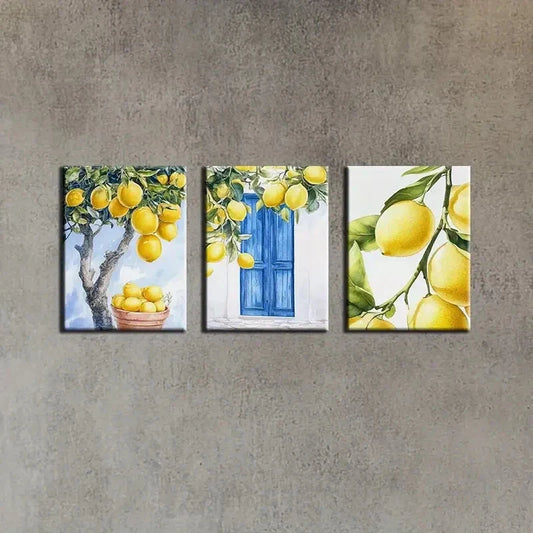 3pcs Lemon with Blue Window & Basket Metal Print Ready to Hang Art