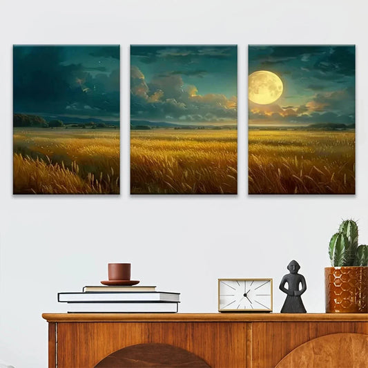 3pcs Moon and Night Scene Map Metal Print Ready to Hang Art