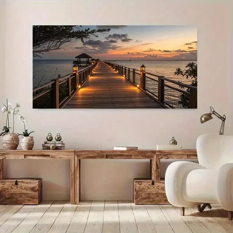 Sunset wooden Pier Lake wall canvas office home room framed 120x60cm