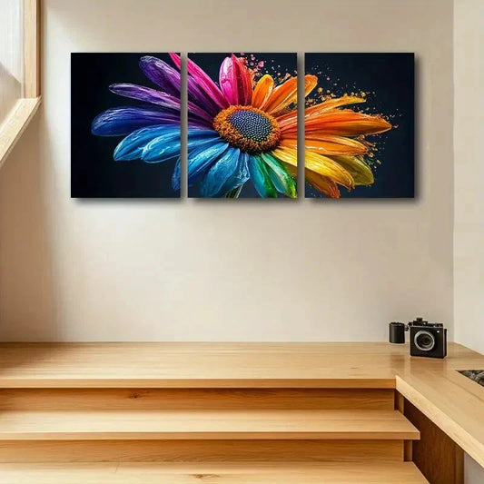 3pcs Rainbow Daisy Flower Design Metal Print Ready to Hang Art