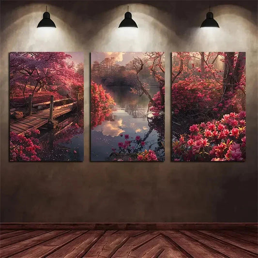 3pcs Bridge Scenic Modern Red Tree Colourful Metal Print Ready to Hang Art