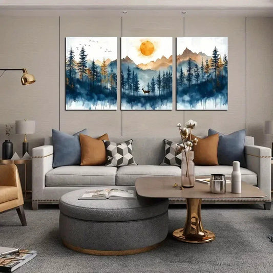 3pcs Tranquil Blue & Golden Landscape  Metal Print Ready to Hang Art
