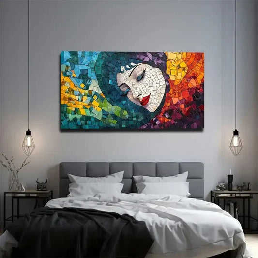 Colorful Mosaic Portrait Modern Wall Art Canvas Office Home Room Framed 120x60cm