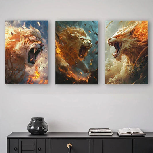 3pcs Abstract Fiery Lions Roar Loudly Metal Print Ready to Hang Art