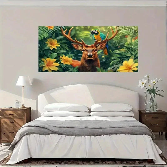 Antler Forest Parrot Floral Wall Art Canvas Office Home Room Framed 80x45cm