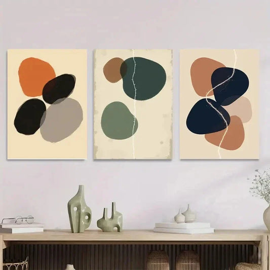3pcs Vibrant Orange, Black, Beige & Green Metal Print Ready to Hang Art