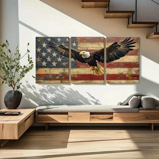 3pcs Vintage American Flag & Bald Eagle Metal Print Ready to Hang Art