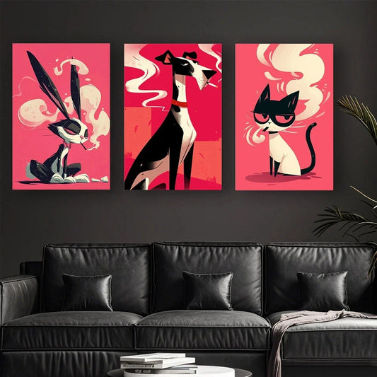 3pcs Modern Pink Abstract Animal Fashionable Metal Print Ready to Hang Art