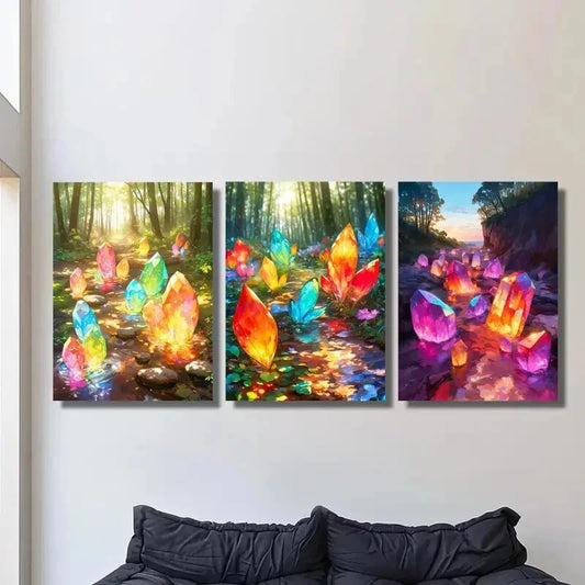 3pcs Colorful magic crystals in the forest  Metal Print Ready to Hang Art
