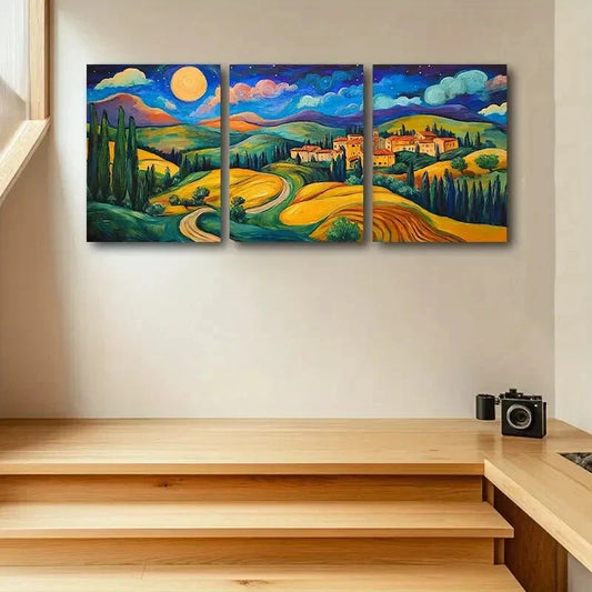 3pcs Traditional Tuscan Landscape Sunset Metal Print Ready to Hang Art