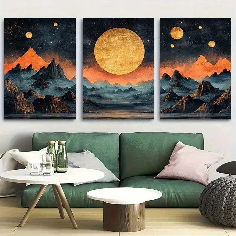 3pcs Black and Golden Mountains Starry Sky Metal Print Ready to Hang Art
