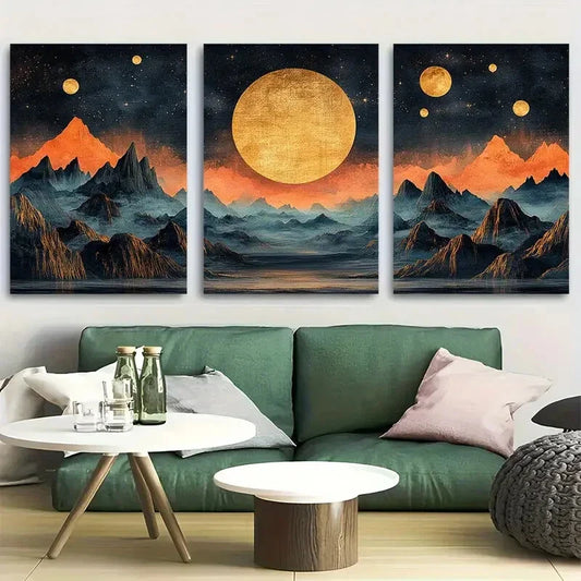 3pcs Black and Golden Mountains Starry Sky Metal Print Ready to Hang Art