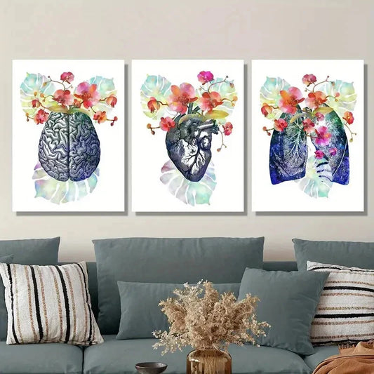 3pcs Watercolor Botanical Flowers & Human Heart Metal Print Ready to Hang Art