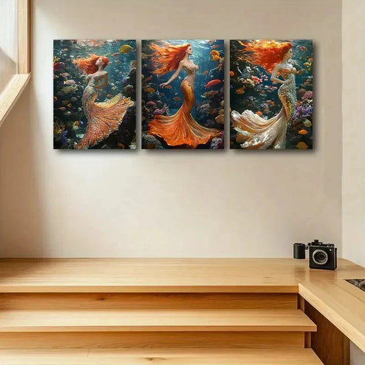 3pcs The Little Mermaid with Colorful Fishes Metal Print Ready to Hang Art