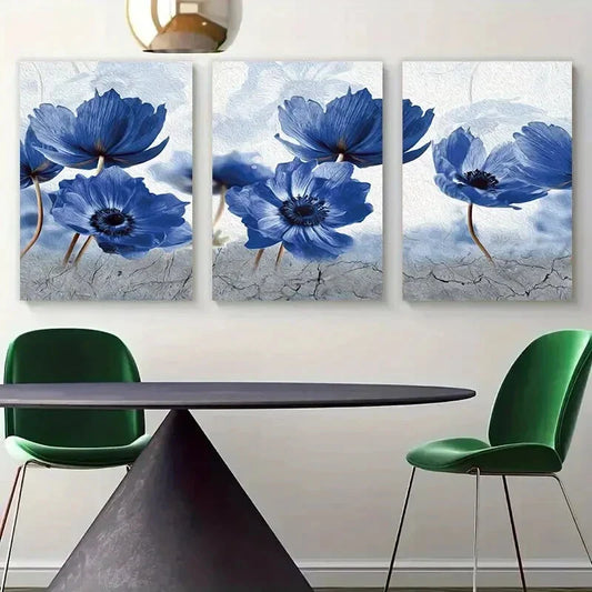 3pcs Blue Floral Abstract Modern Art Metal Print Ready to Hang Art