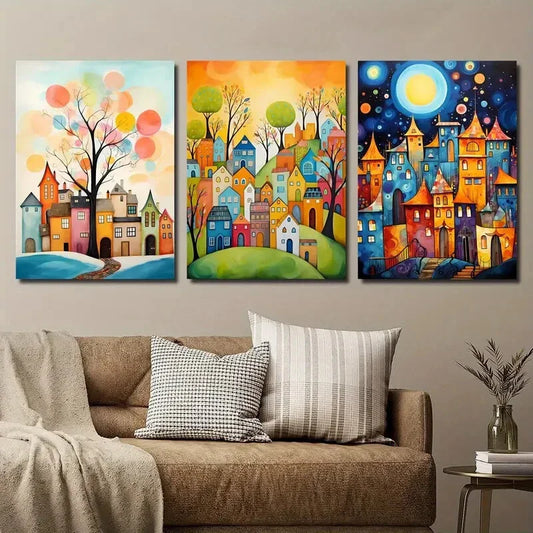 3pcs Starry Dream City Plants and Trees Metal Print Ready to Hang Art