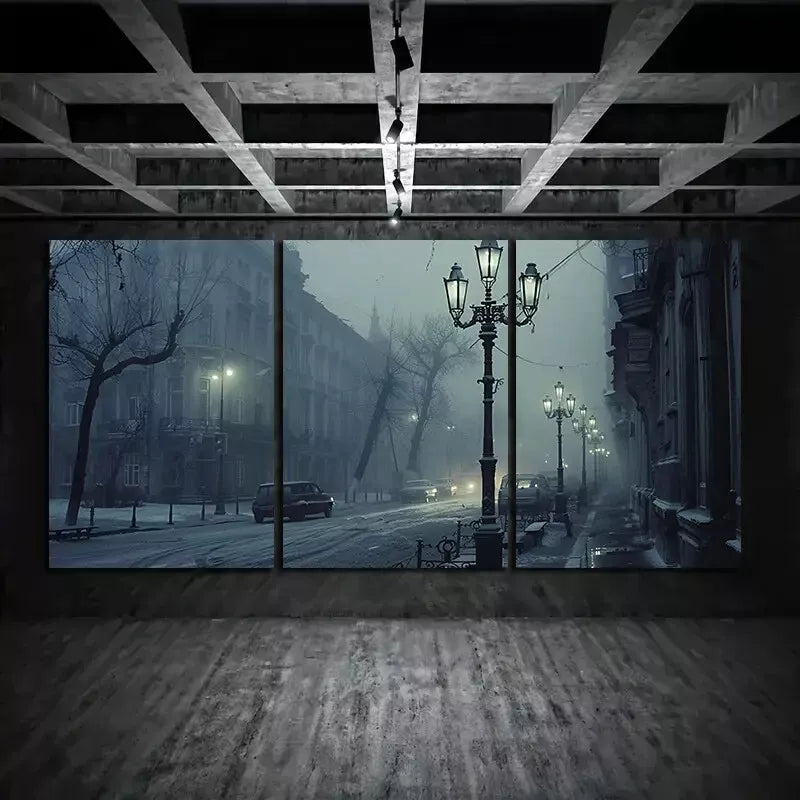 3pcs City in Fog At Night  Canvas Framed 40x60cm - High Quality Print 100% Australian Made Wall Canvas Ready to Hang