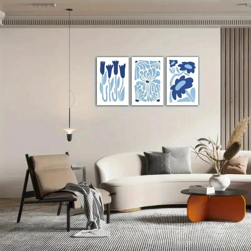 3pcs Space Blue Flower Decoration Minimalist Metal Print Ready to Hang Art