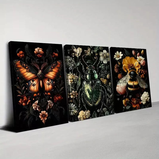 3pcs Gothic Insects And Plants with Florals Wall Art Set Canvas Framed 40x60cm - High Quality Print 100% Australian Made Wall Canvas Ready to Hang