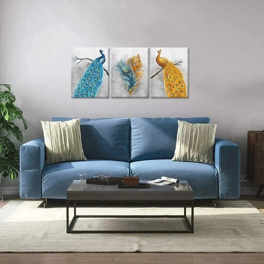 3pcs Peacock and Golden Abstract Animal Metal Print Ready to Hang Art