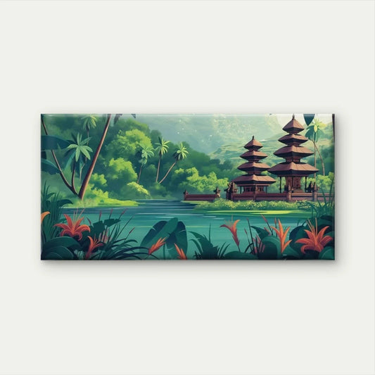 Tropical Jungle Temple Wall Art Canvas Office Home Room Framed 80x45cm