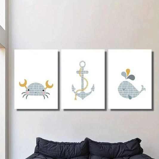 3pcs Watercolor Crab, Anchor & Whale Metal Print Ready to Hang Art