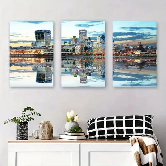 3pcs Urban Skyline Reflection Painting Metal Print Ready to Hang Art