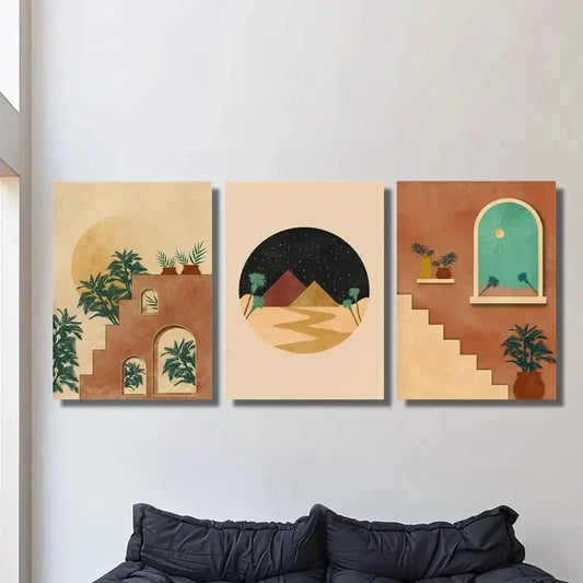 3pcs Abstract Cityscape, Moroccan Burnt Orange, Metal Print Ready to Hang Art