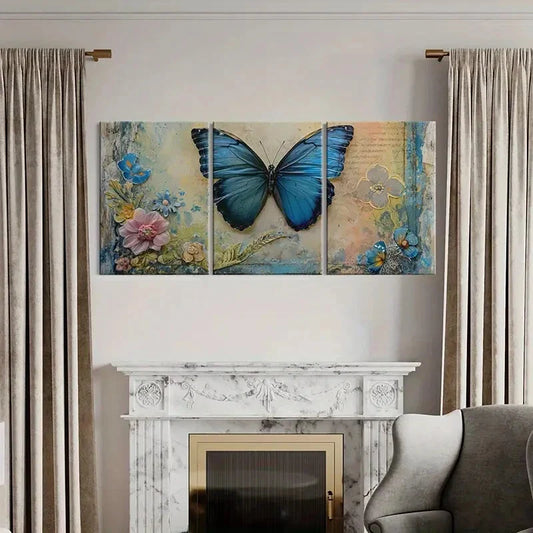 3pcs Vintage Blue Butterfly Floral Metal Print Ready to Hang Art