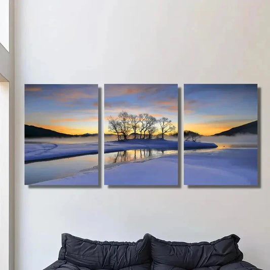 3pcs Snow Scene Sunset Reflection, Metal Print Ready to Hang Art