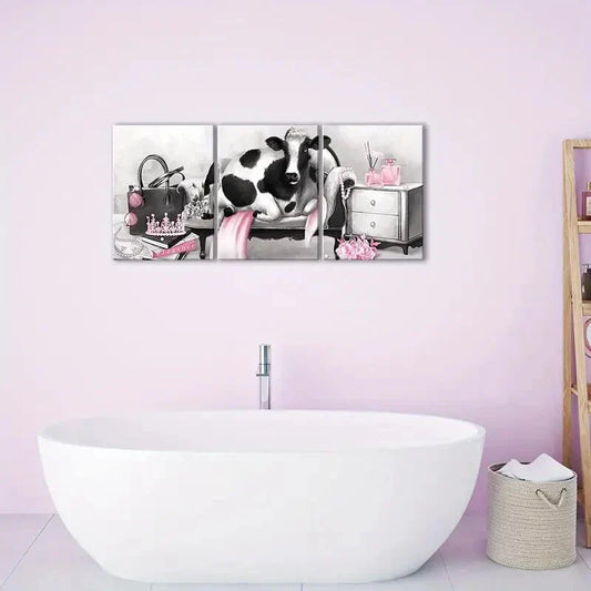 3pcs Poster Elegant Cow with Pearl Crown Perfum Metal Print Ready to Hang Art