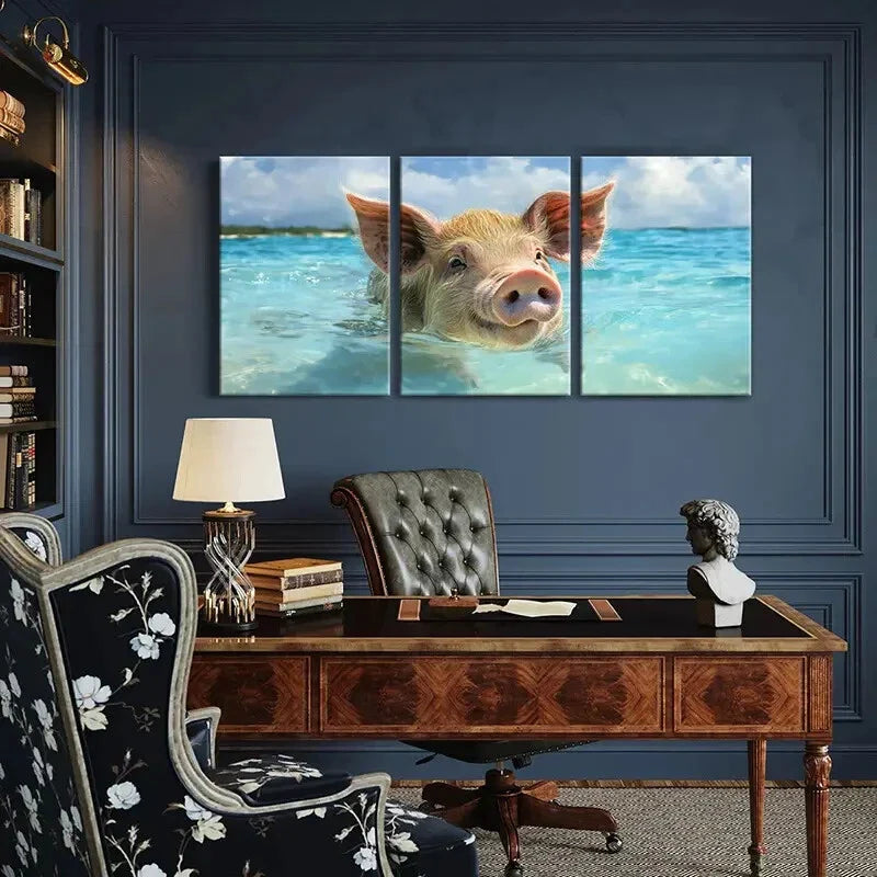 3pcs Playful Pig Swimming in Ocean Metal Print Ready to Hang Art