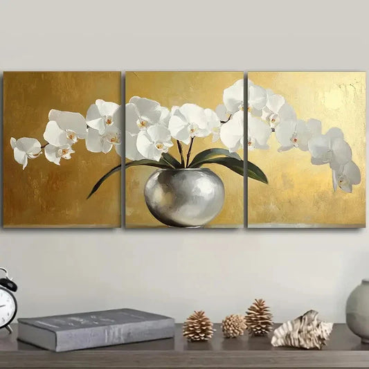 3pcs White Orchid in Silvery Vase Metal Print Ready to Hang Art