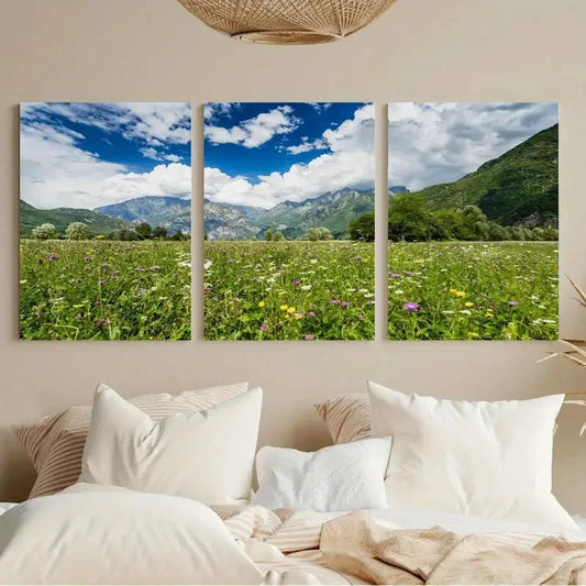 3pcs Light Blue Grass Yellow Flowers, Sky Metal Print Ready to Hang Art