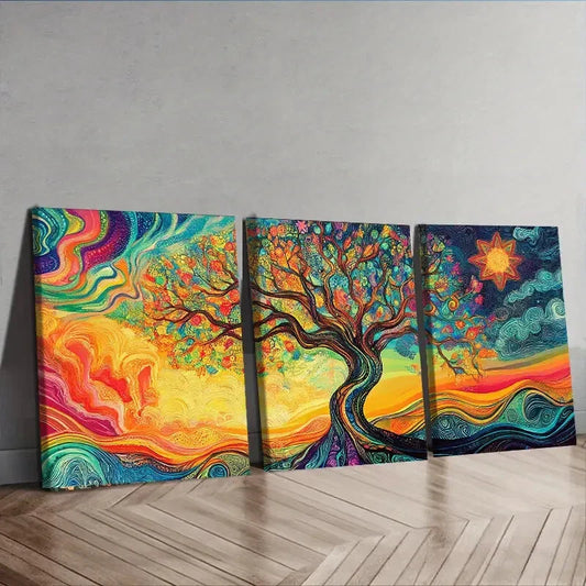 3pcs Psychedelic Tree of Life Waterproof Wall Art Set Canvas Framed 40x60cm - High Quality Print 100% Australian Made Wall Canvas Ready to Hang