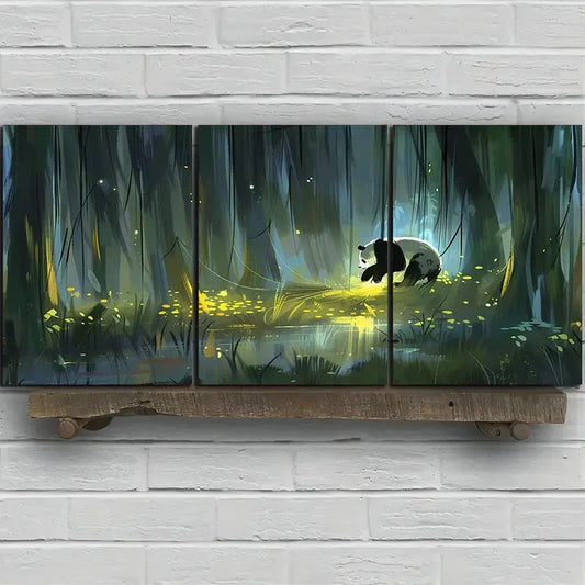 3pcs Cute Panda Forest Pond Stunning Golden Metal Print Ready to Hang Art