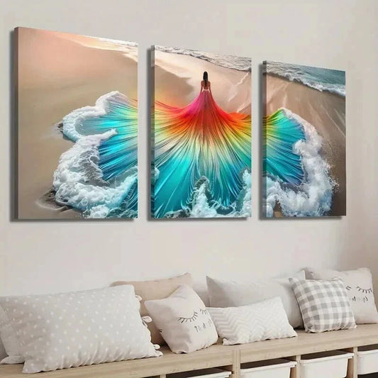 3pcs Beautiful Woman Art in Beach Wave Dress Wall Art Set Canvas Framed 40x60cm - High Quality Print 100% Australian Made Wall Canvas Ready to Hang