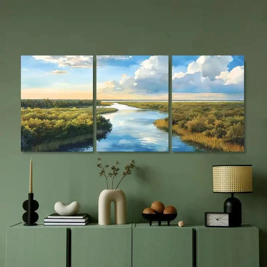 3pcs Serene River & Marsh Watercolor Landscape Wall Art Set Canvas Framed 40x60cm - High Quality Print 100% Australian Made Wall Canvas Ready to Hang