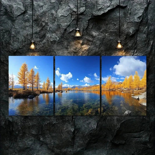 3pcs Golden Trees & Clear Blue Sky Perfect Wall Art Set Canvas Framed 40x60cm - High Quality Print 100% Australian Made Wall Canvas Ready to Hang