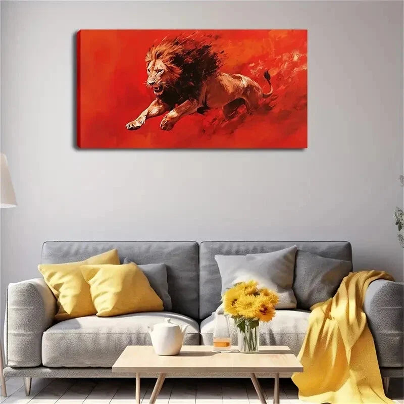 Lion Running Hard Against Red Wall Art Canvas Office Home Room Framed 120x60cm