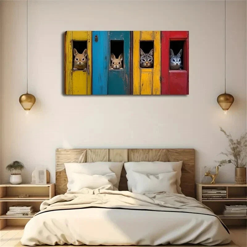 Playful Mice & Cats in Colorful Wall Art Canvas Office Home Room Framed 120x60cm