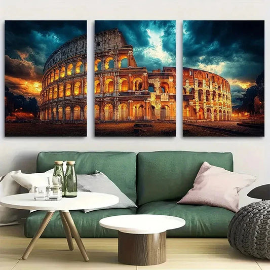 3pcs Rome Colosseum Under Stormy Sky Design Metal Print Ready to Hang Art