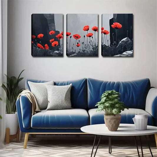3pcs Red Poppy Triptych   Wall Art Set Canvas Framed 40x60cm - High Quality Print 100% Australian Made Wall Canvas Ready to Hang