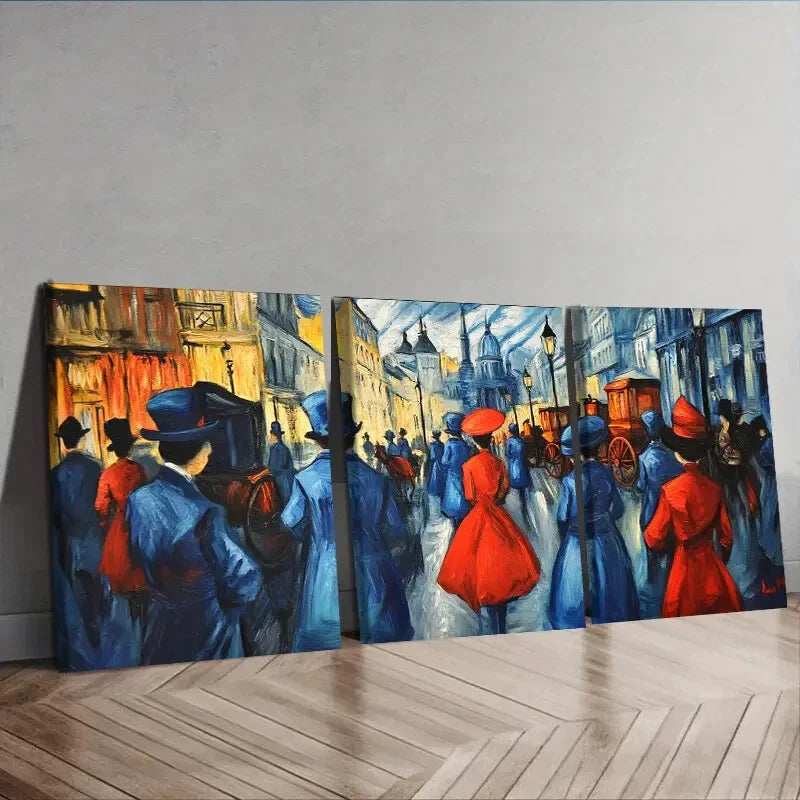 3pcs  Vibrant Market Scene with People in Red Wall Art Set Canvas Framed 40x60cm - High Quality Print 100% Australian Made Wall Canvas Ready to Hang